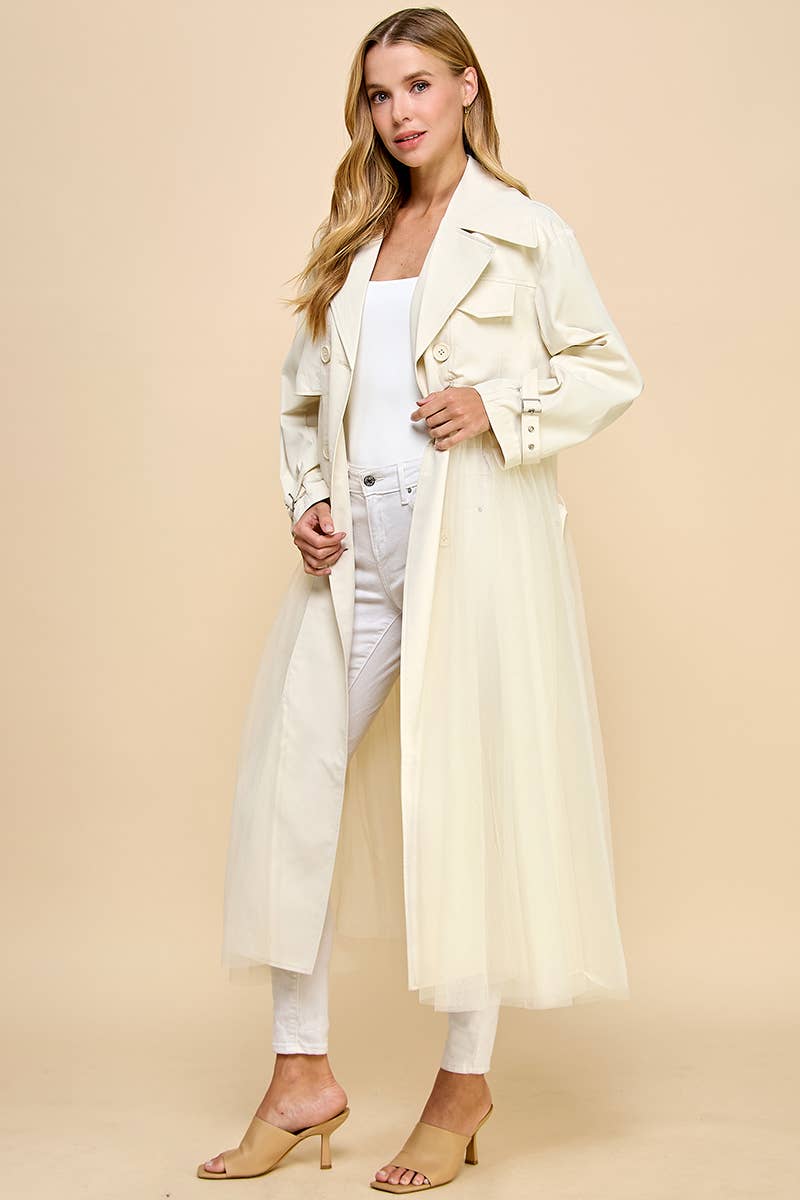 CJ6594-Double Breasted Mesh Bodice Classic Trench Coat: CREAM / M