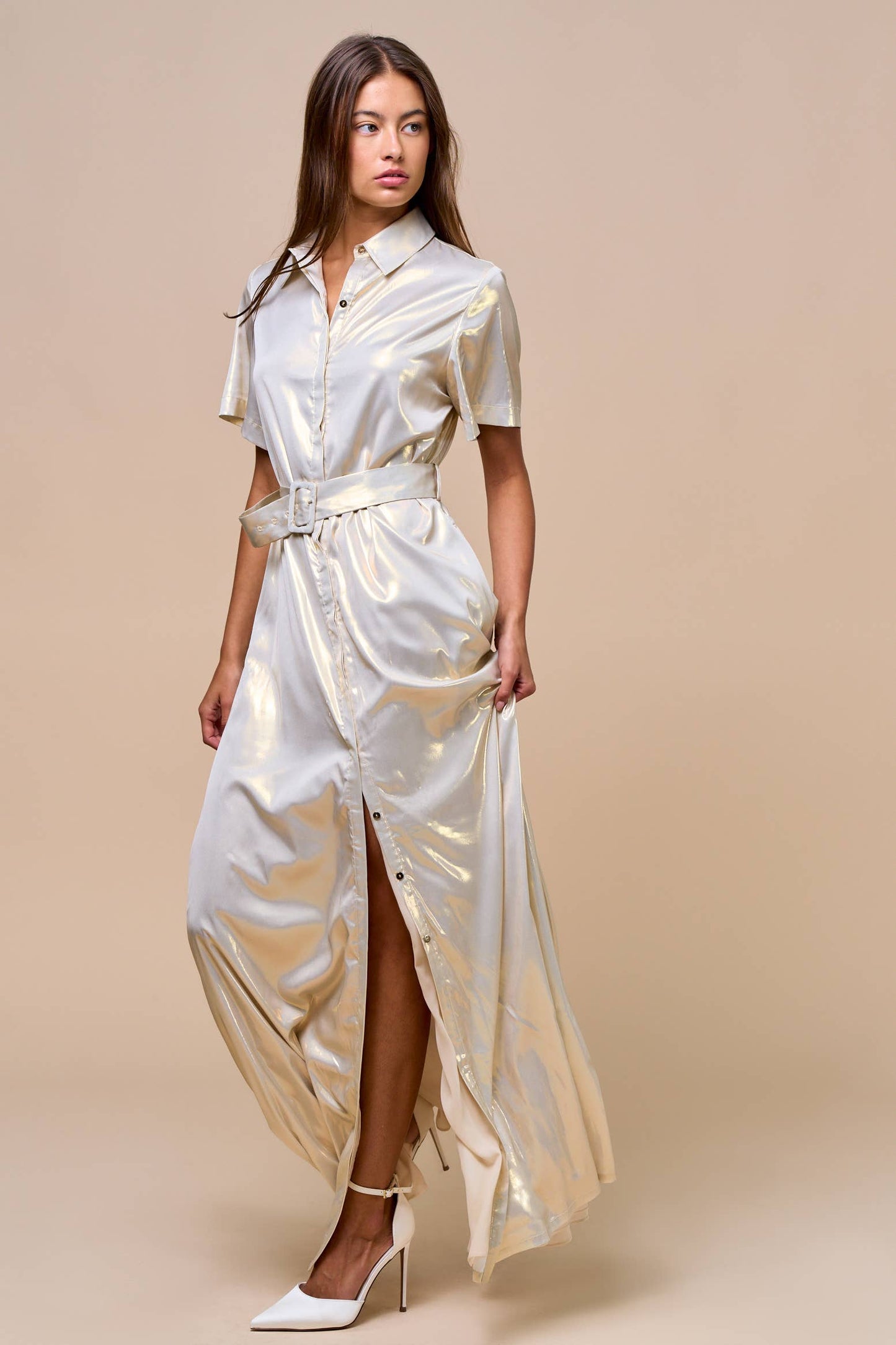 Collared Button-Down Maxi Dress with Belt