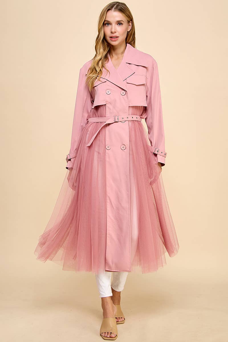 CJ6594-Double Breasted Mesh Bodice Classic Trench Coat: CREAM / M