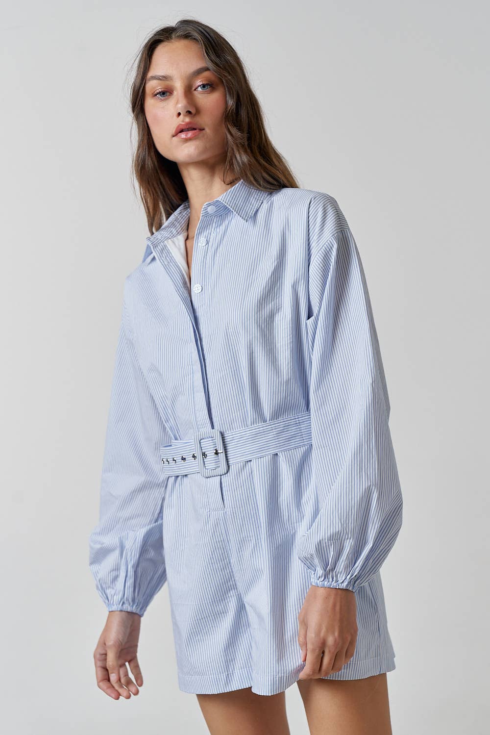 KELLY BELTED STRIPE BUTTON UP SHIRT ROMPER