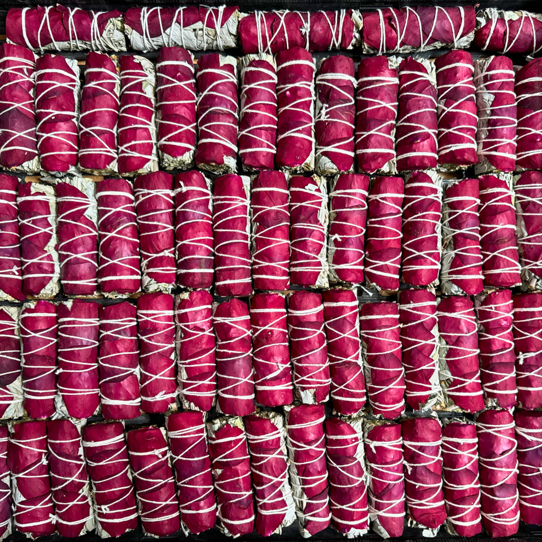 White Sage Smudge Wands with Red Rose Petals