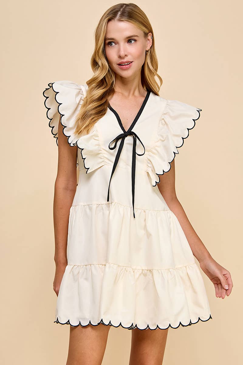 CD04197-V Neckline Bow Detail Scalloped Dress: Cream / L