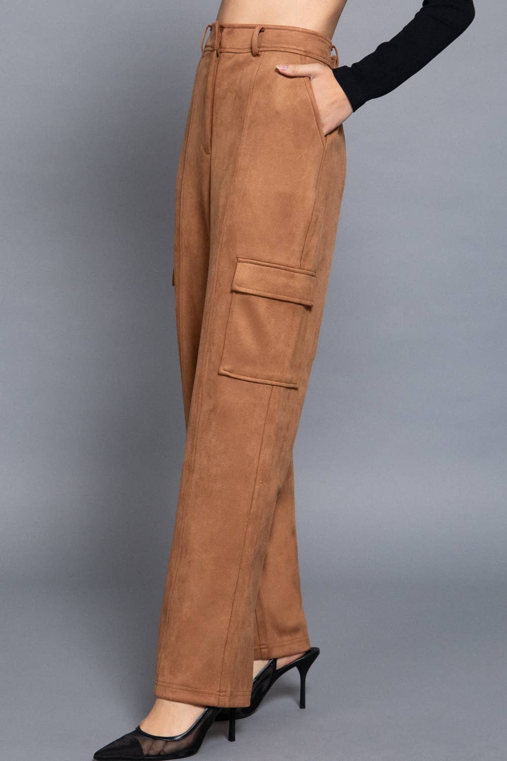 Ili High Waist Straight Line Suede Cargo Pants