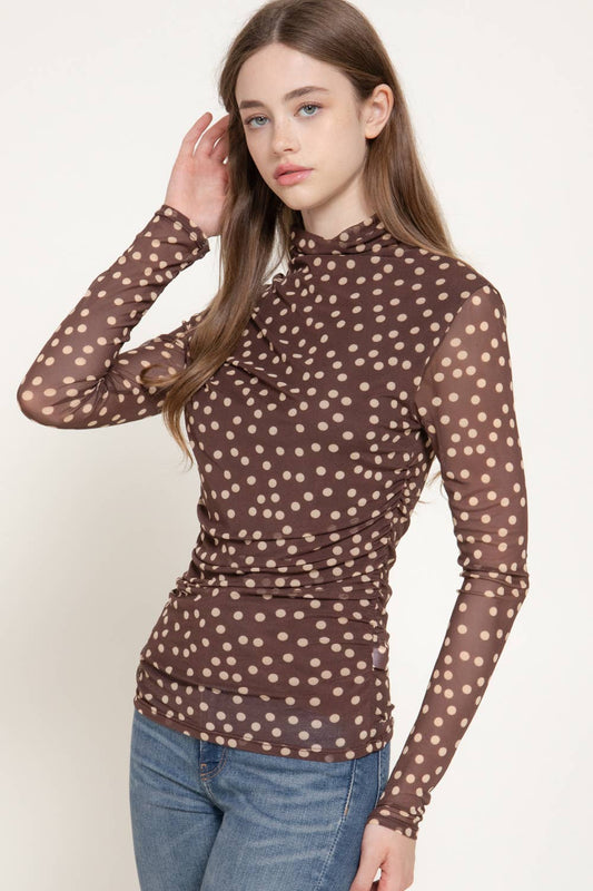 Long Sleeve High Neck Ruched Dot Print Mesh Top