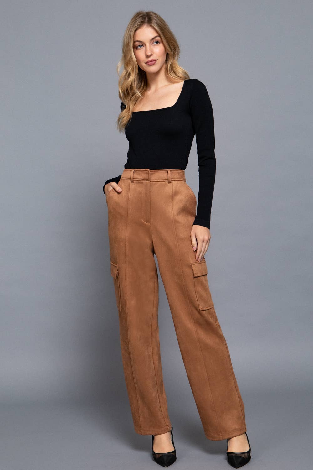 Ili High Waist Straight Line Suede Cargo Pants