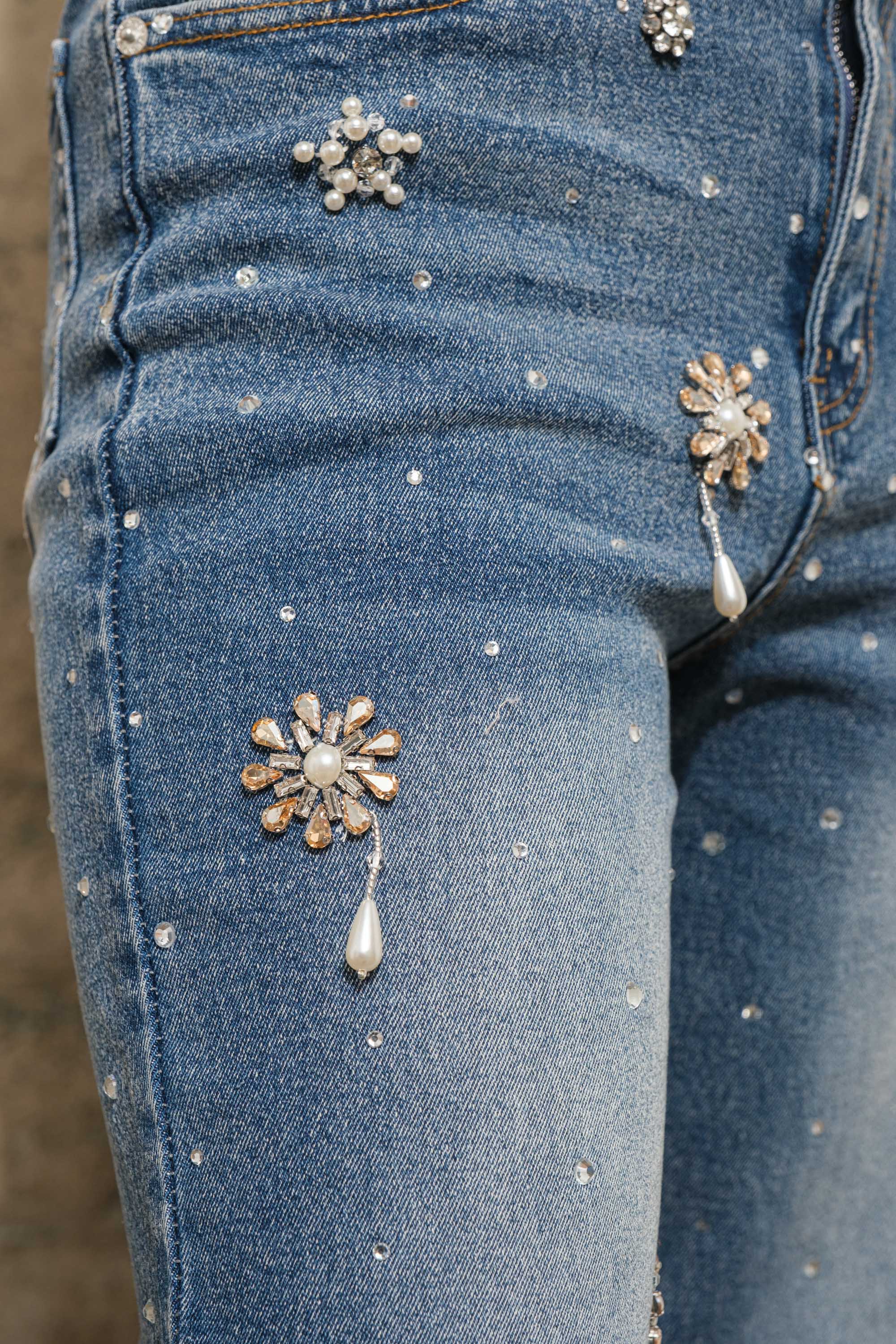 Esmeralda Rhinestone Flower Embellished Stretch Denim Jeans
