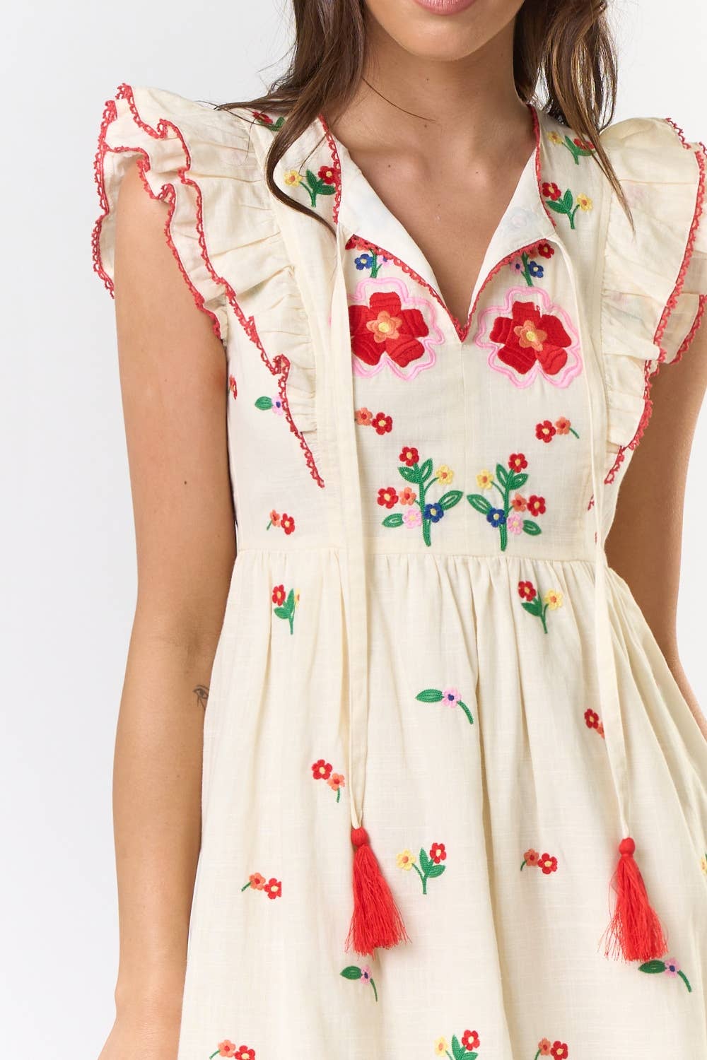 Layered Flutter Sleeve Embroidered Mini Dress