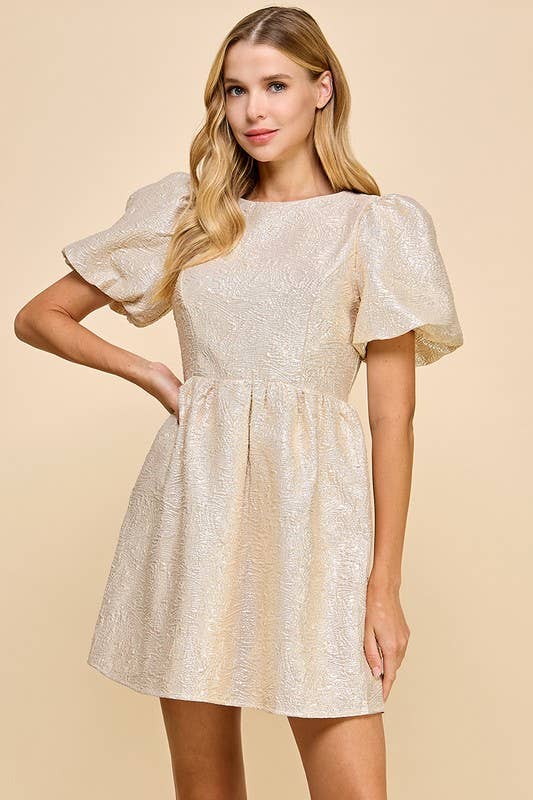 CD04924-Textured Metallic Back Bow Detail Dress: Gold / L