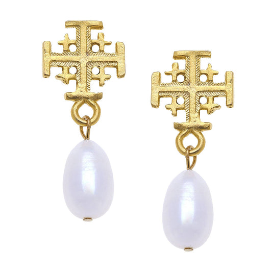 Gold Multi Cross and Freshwater Pearl Earrings