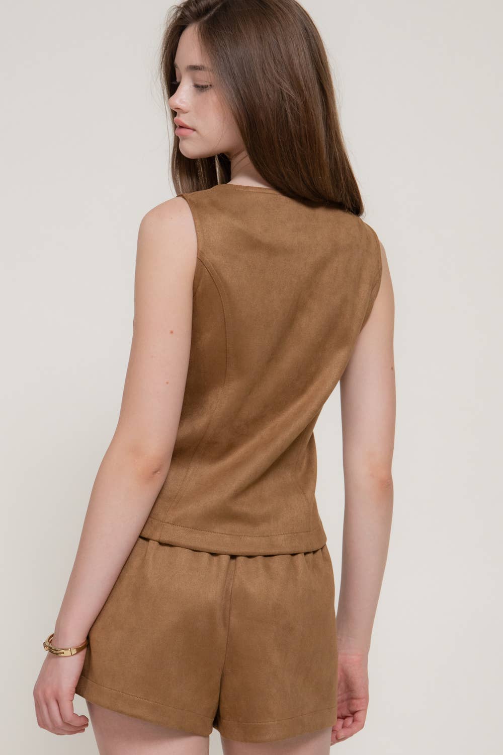 Faux Suede Boat Neck Button Down Vest & Short Pants Set