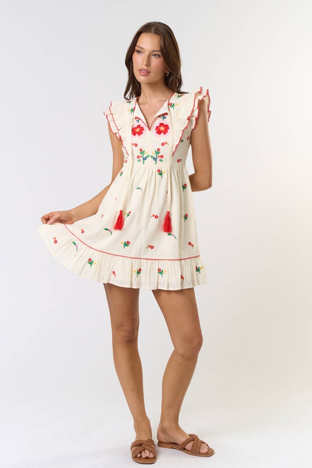 Layered Flutter Sleeve Embroidered Mini Dress