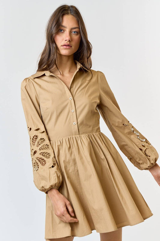 GANNI EMBROIDERED FLORAL BUTTON UP FLARED MINI DRESS