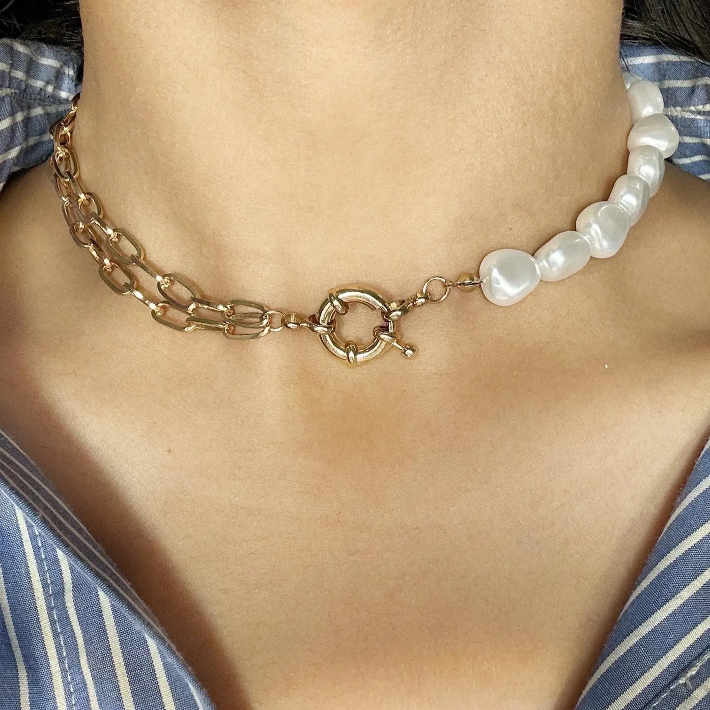 Pearl & Chain Choker Necklace