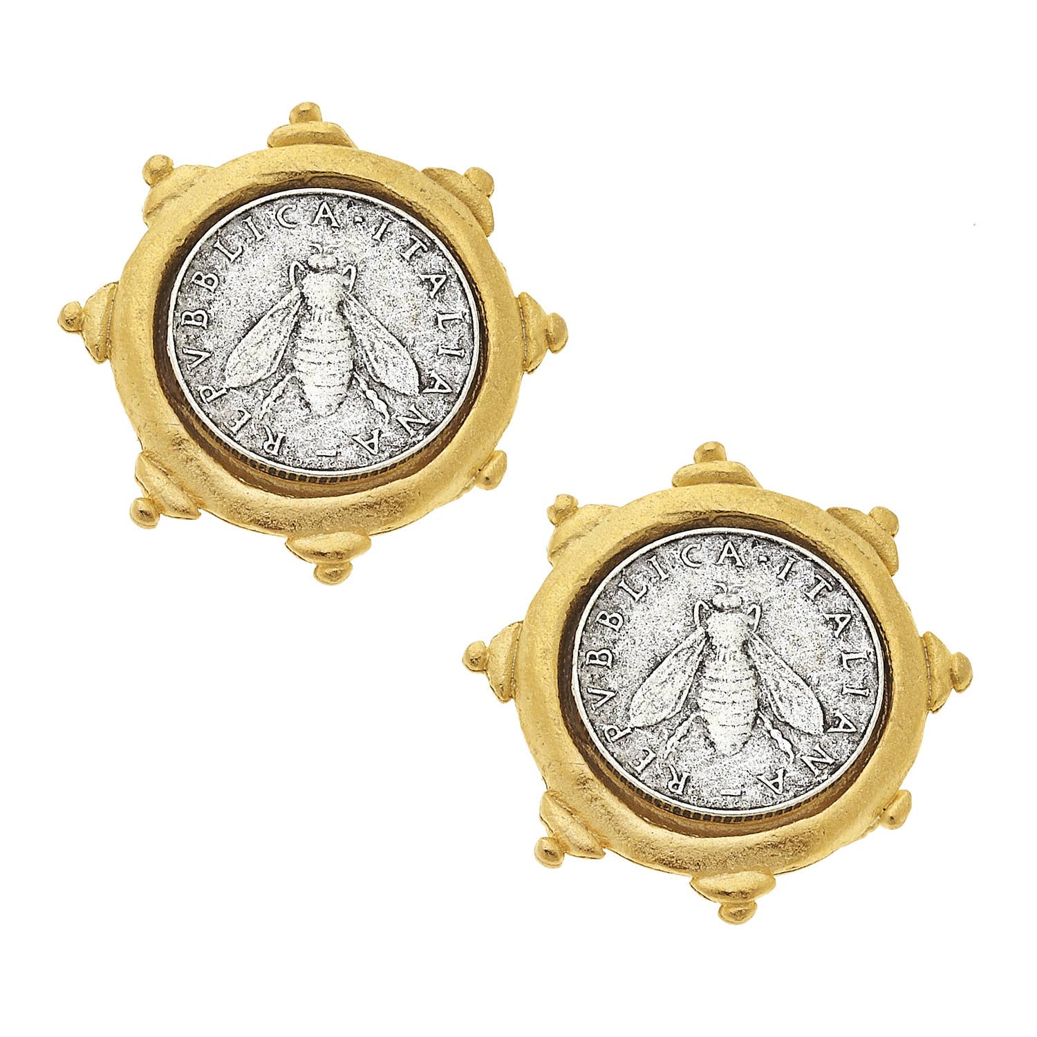 Gold and Silver Italian Bee Coin Clip Earrings