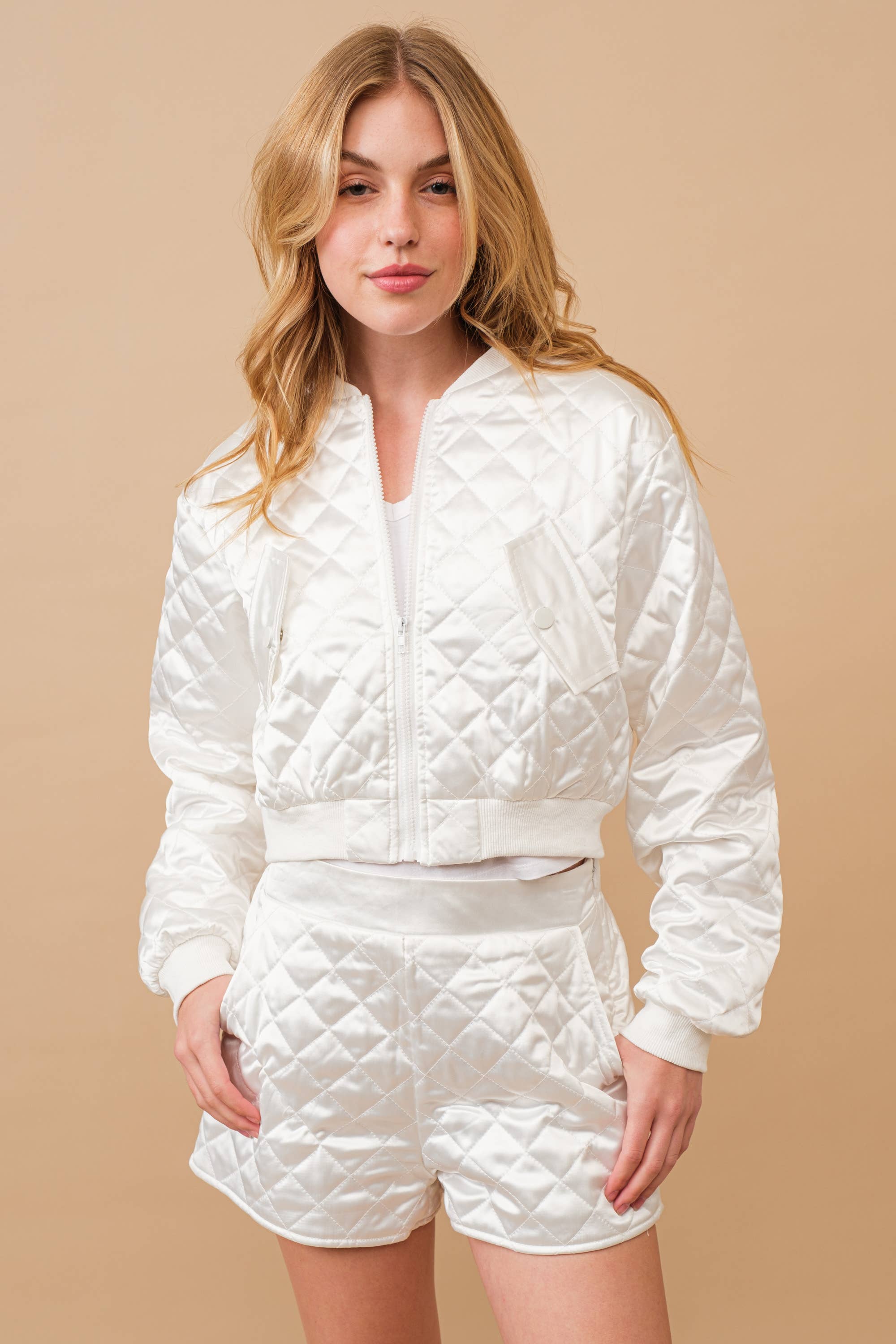 Pure Quilted Crop Pocket Bomber Jacket w/ Matching Set
