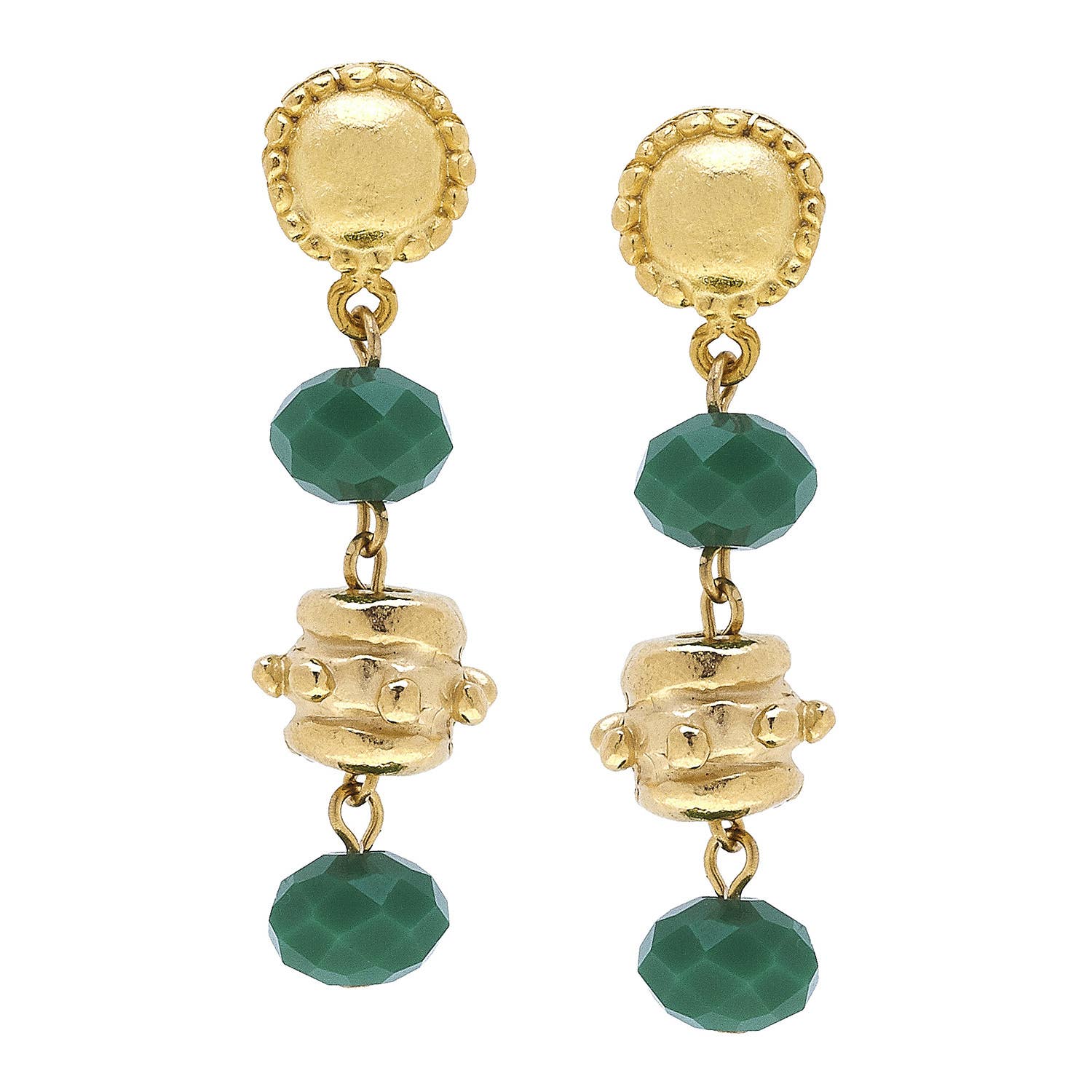 Gold Bead and Green Crystal Earrings