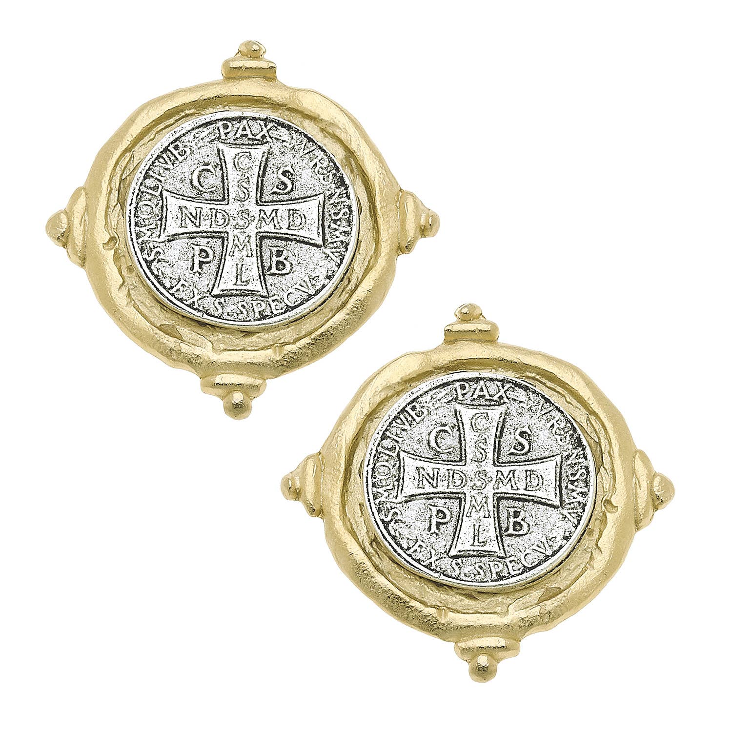 Gold and Silver St Benedict Cross Clip Earrings