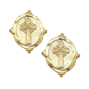 Gold Cross Intaglio Pierced Earrings