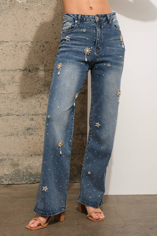 Esmeralda Rhinestone Flower Embellished Stretch Denim Jeans