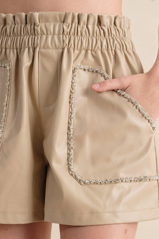 Carrie Faux Leather Studded Pocket High Waist Shorts