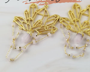 Rose Quarz Gold Gemstone Cluster Earrings - Healing Crystal Earrings