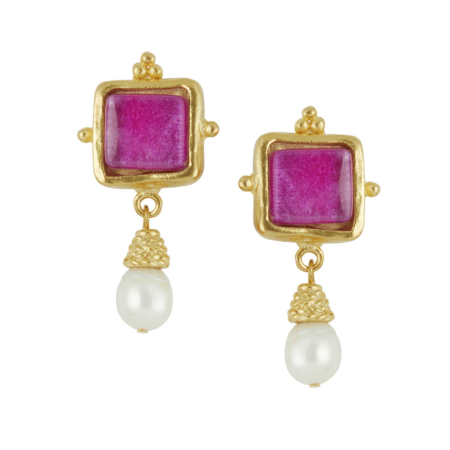 Gold/Fuchsia Glass + Pearl Earrings