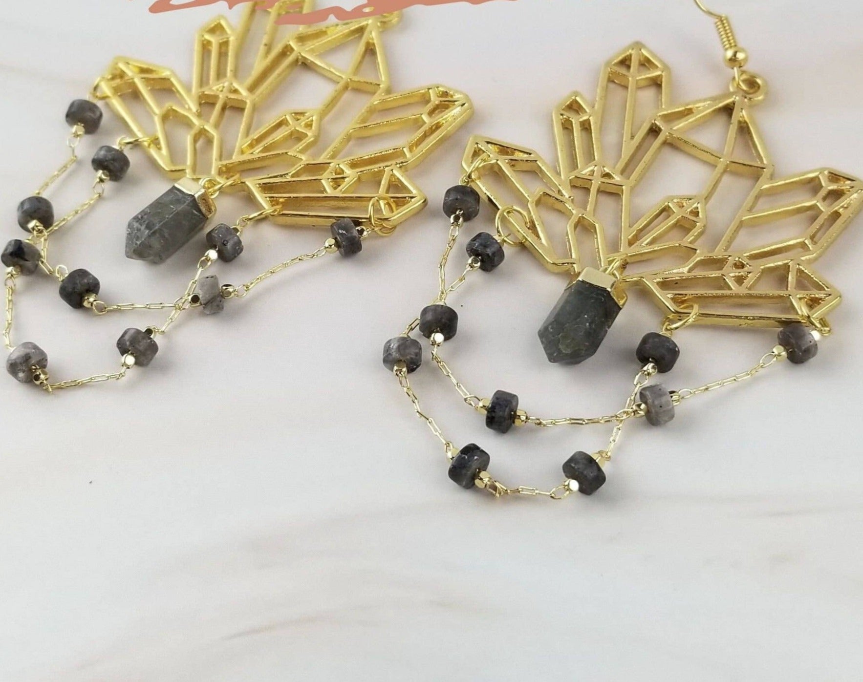 Labradorite Gold Gemstone Cluster Earrings - Healing Crystal Earrings