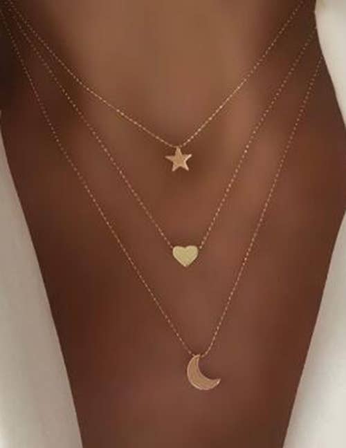 Dahlia Triple Layer Heart Moon & Star Necklace