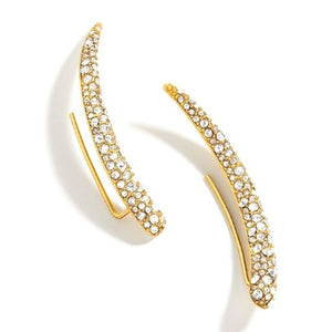 Elongated-shaped earring that borders each ear.  Gold plating covered in rhinestone.  Sold by the pair