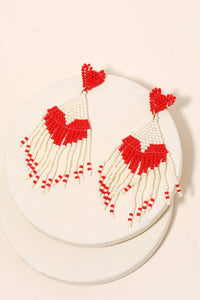 Seed Beaded Heart Print Fringe Earrings